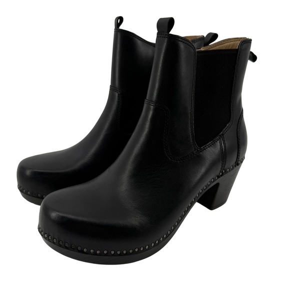 Dansko Shayna Heeled Chelsea Boot Black Burnished Leather EU 39/US 8.5-9 Ankle - Picture 1 of 8